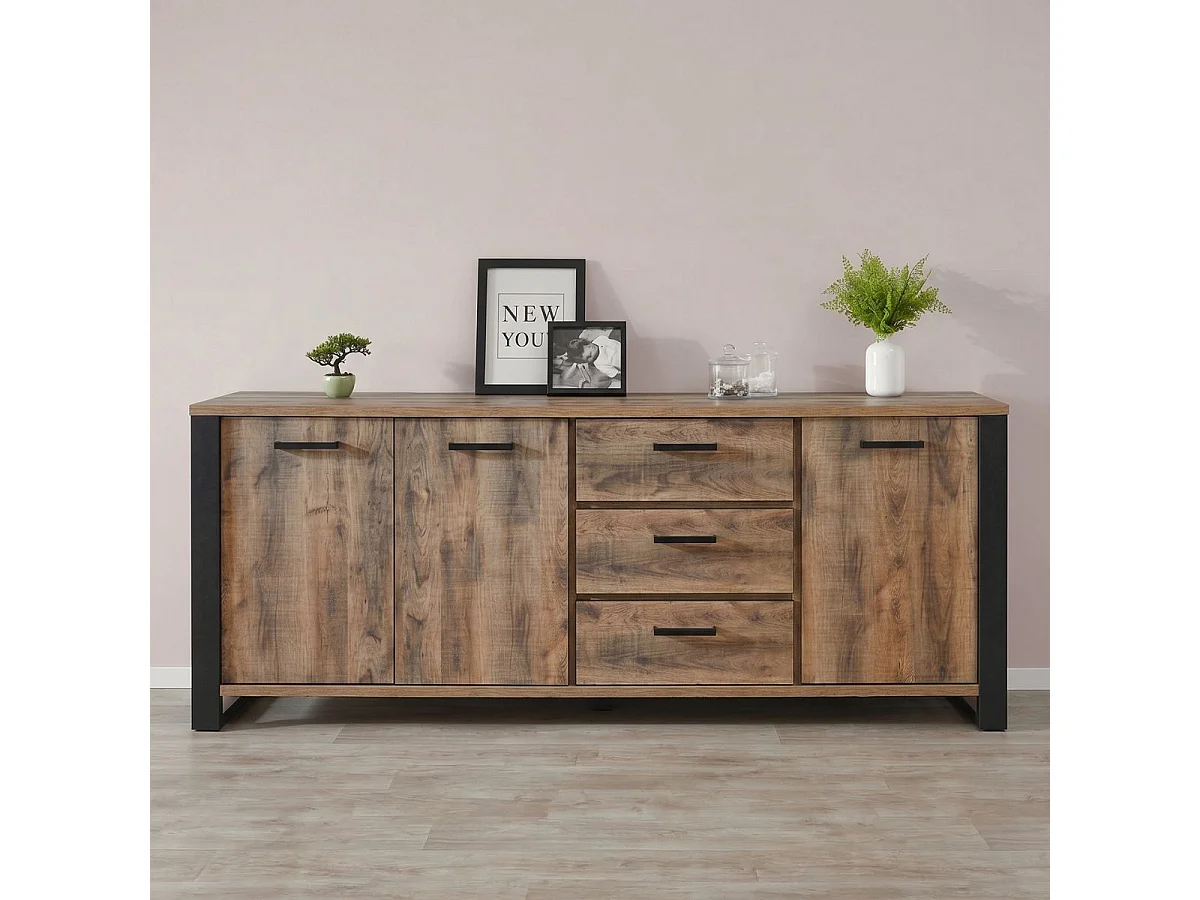 Buffet 3 portes aspect chêne artisan avec structure noir graphite - OSAM