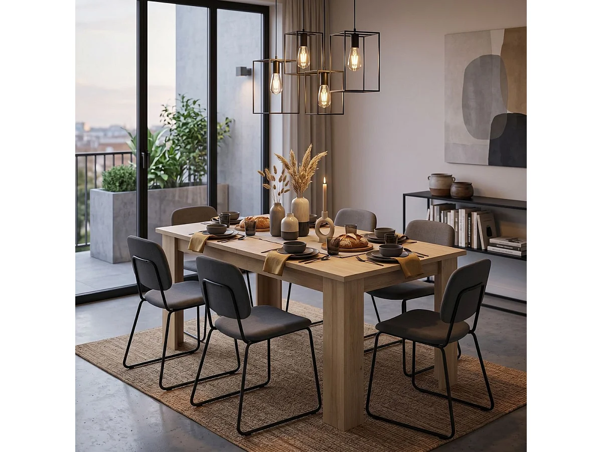 Table 160/200cm aspect chêne clair rallonge finition granit gris - AZYA