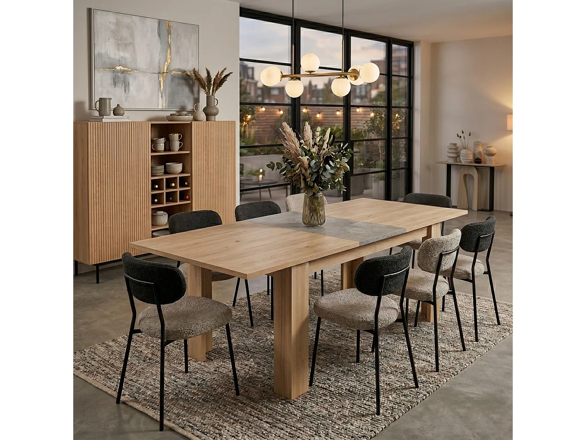 Table 160/200cm aspect chêne clair rallonge finition granit gris - AZYA