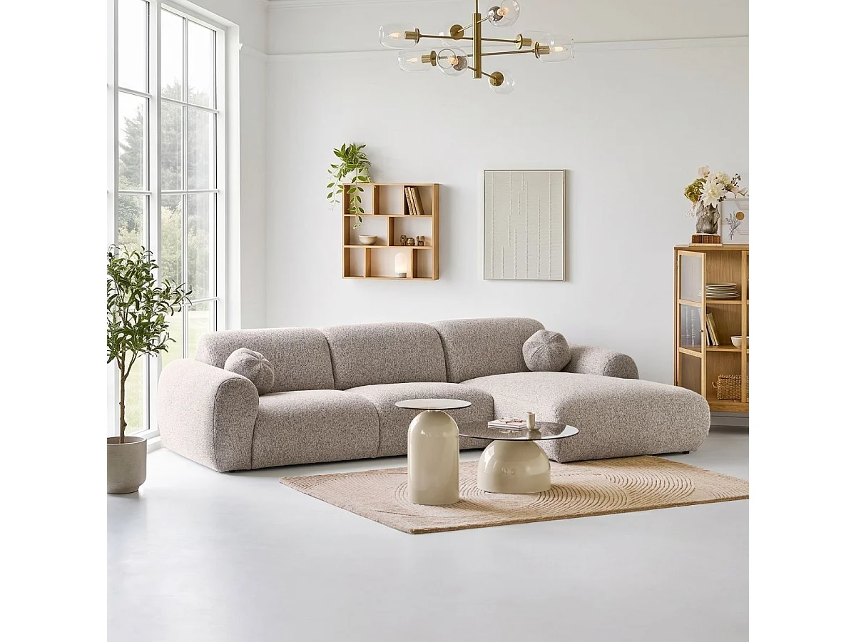 Canapé 3 places méridienne droite en tissu texturé beige avec 2 coussins - CYCLADE