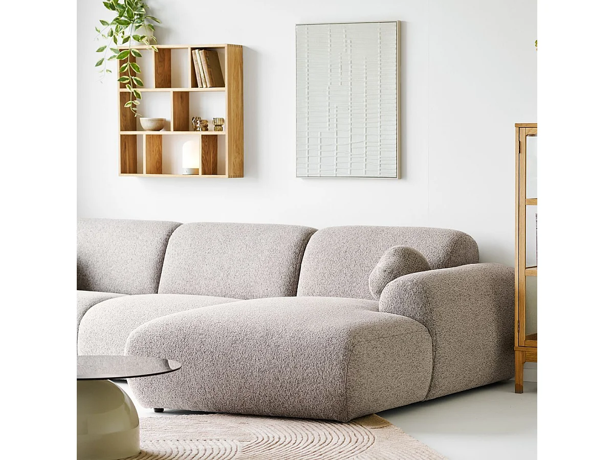 Canapé 3 places méridienne droite en tissu texturé beige avec 2 coussins - CYCLADE