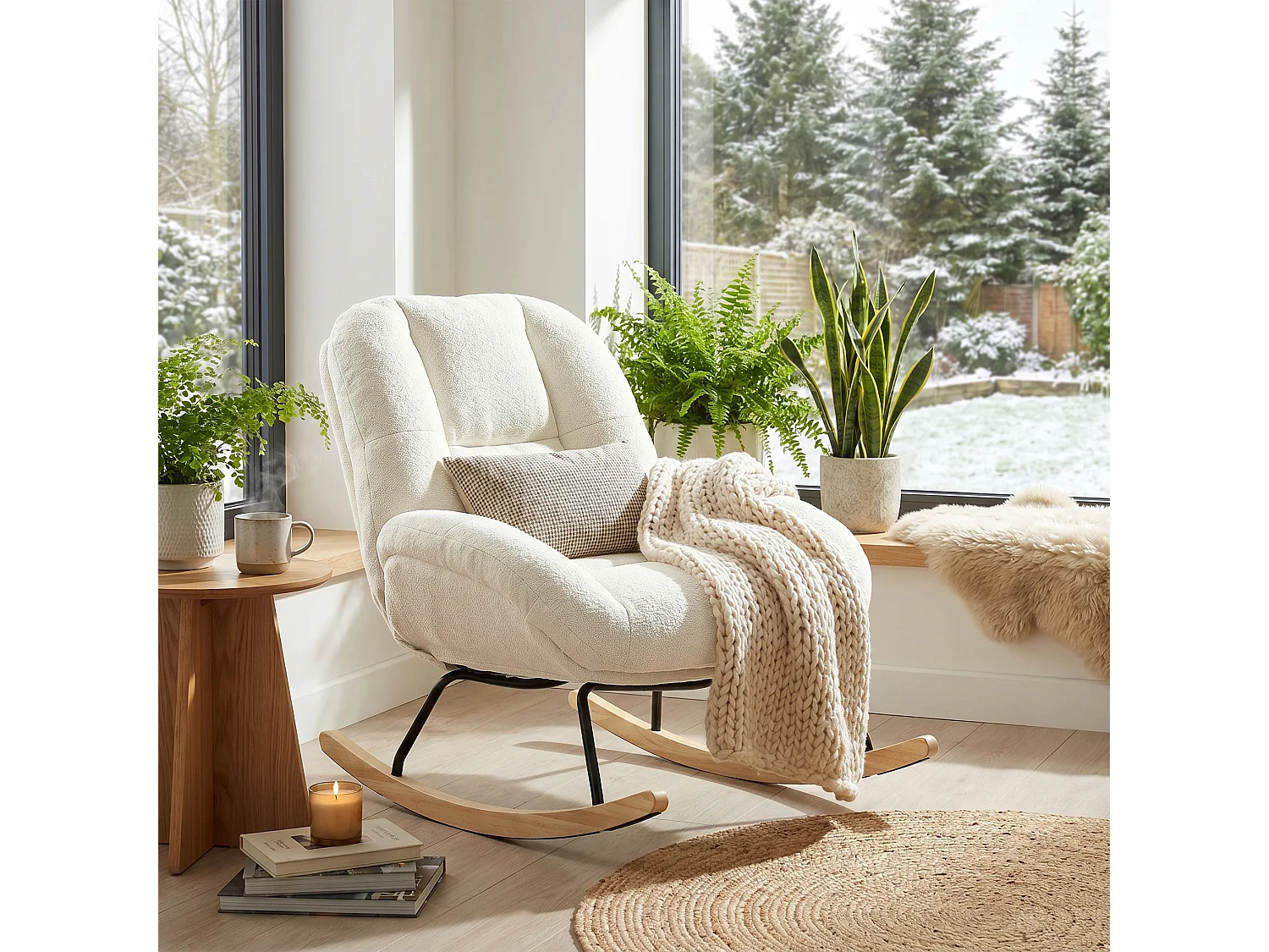 MEUBLES COSY LITHOPS Fauteuil à bascule rocking chair en tissu chenille beige style scandinave avec accoudoirs