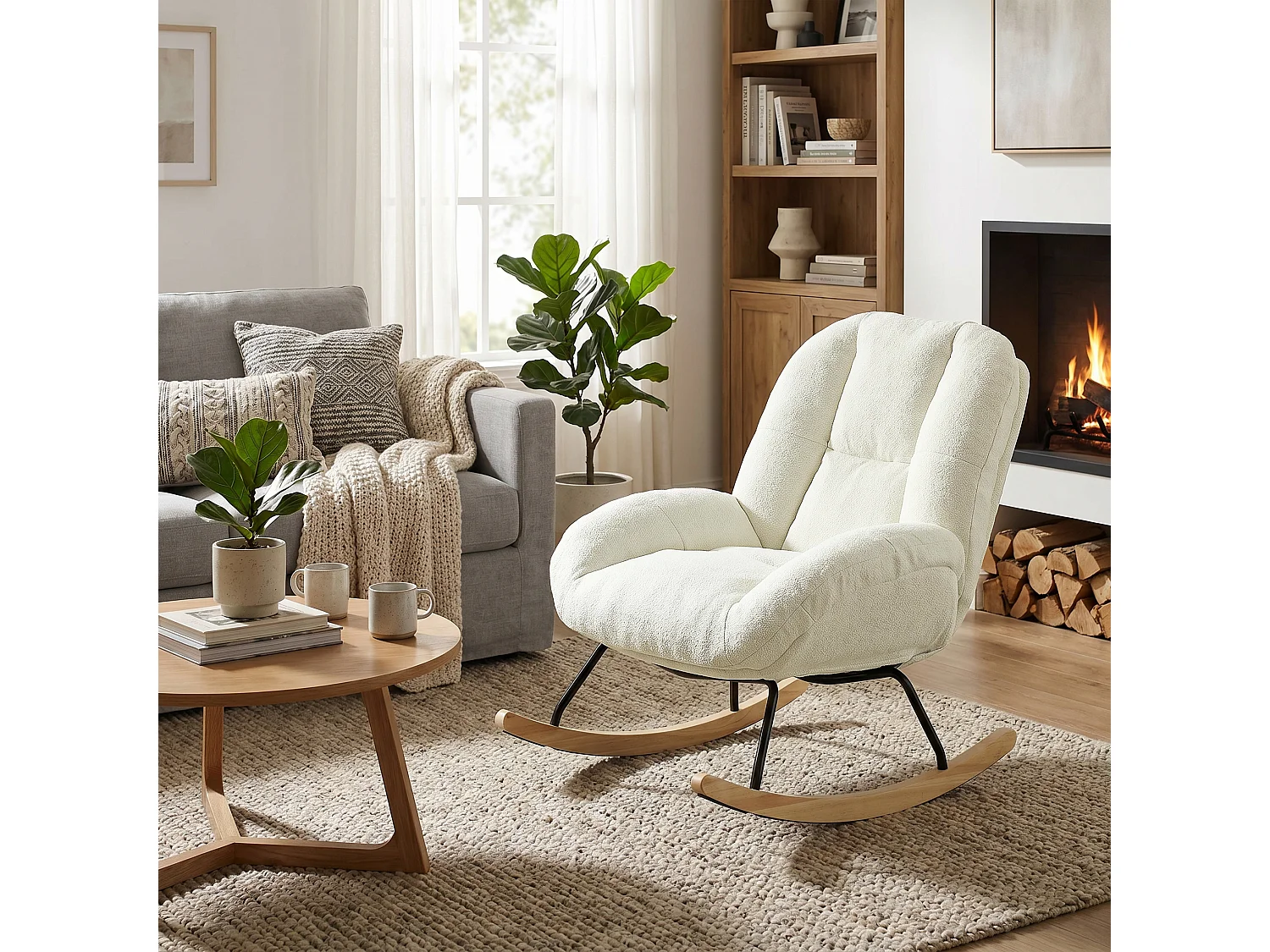 MEUBLES COSY LITHOPS Fauteuil à bascule rocking chair en tissu chenille beige style scandinave avec accoudoirs