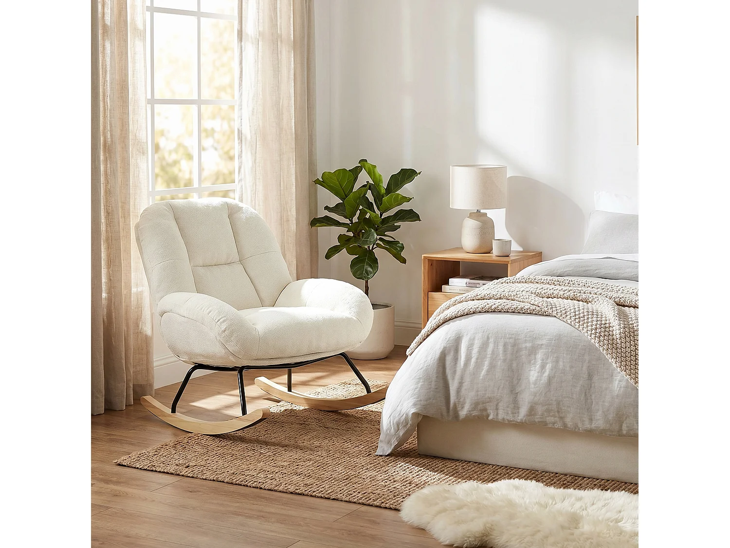 MEUBLES COSY LITHOPS Fauteuil à bascule rocking chair en tissu chenille beige style scandinave avec accoudoirs