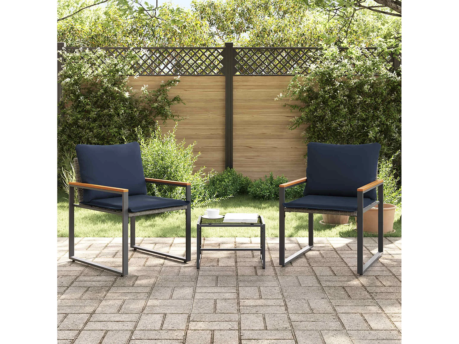 Juegos de muebles con cojín 3 pcs Gris y azul marino Ratán
