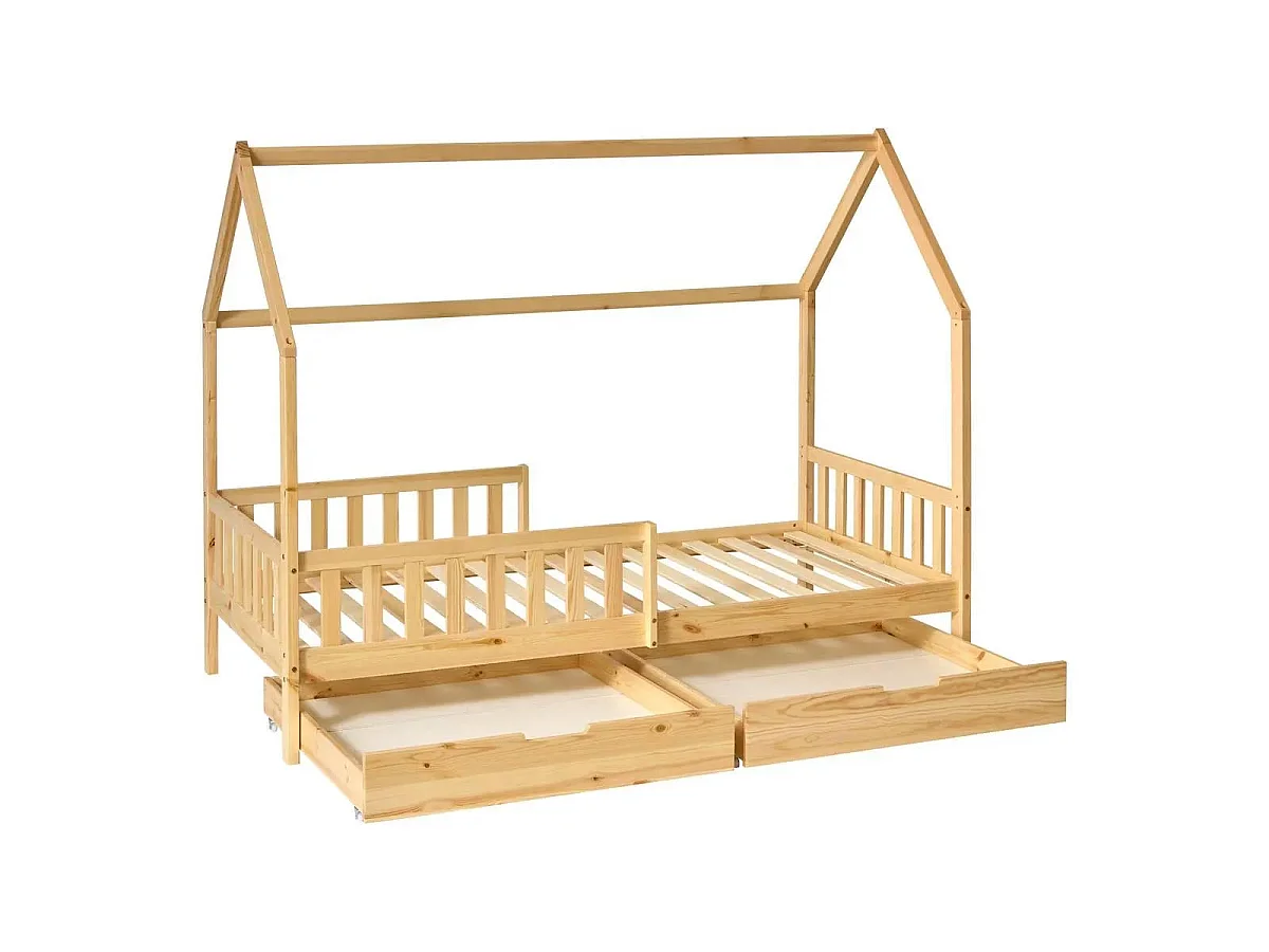 Lit Cabane Enfant 2 Tiroirs "Bosco" 90x190cm Naturel