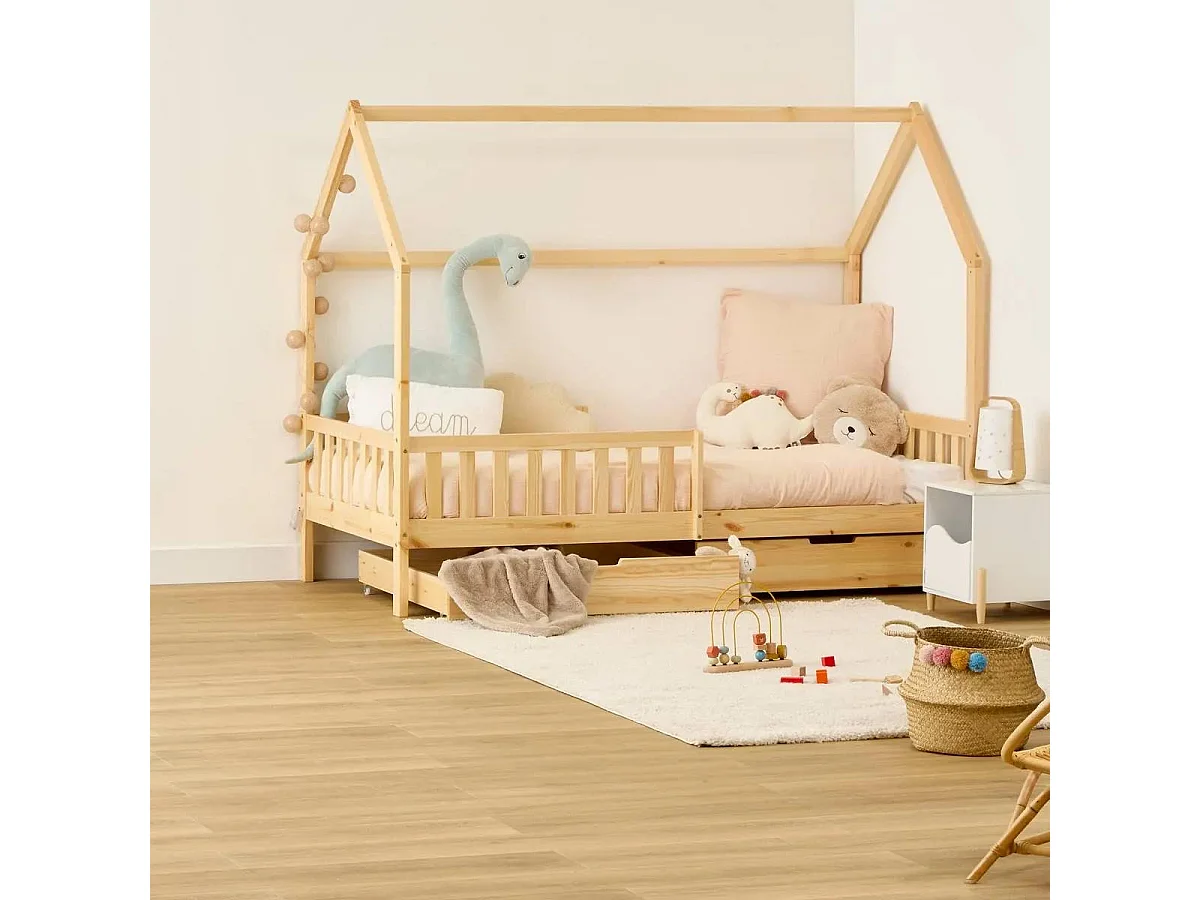 Lit Cabane Enfant 2 Tiroirs "Bosco" 90x190cm Naturel