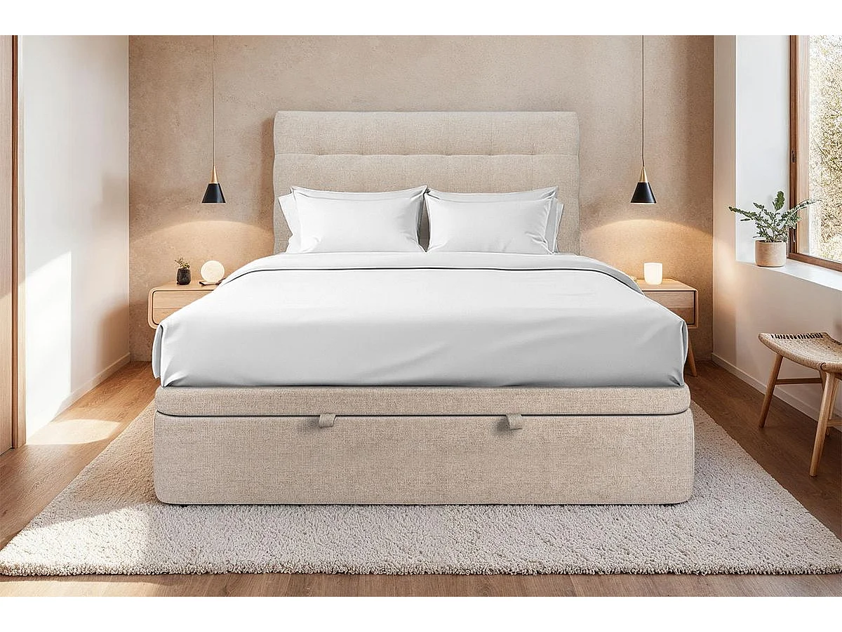 Lit coffre 200x200cm avec tête de lit capitonnée Tissu Beige brun - Hauteur totale : 39cm