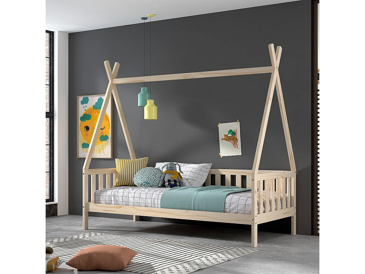 Lit Enfant & Barrière Pin Massif "Tipi" 90x200cm Naturel