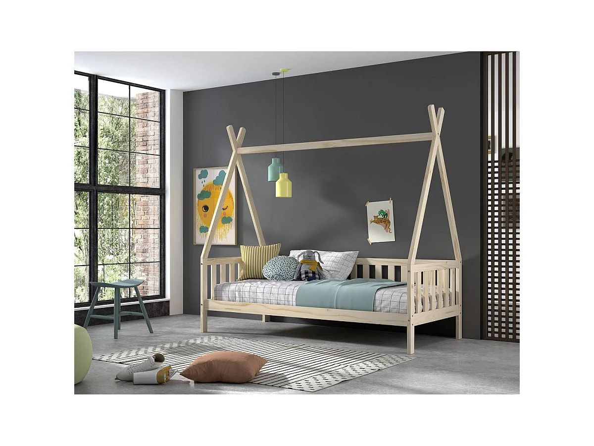 Lit Enfant & Barrière Pin Massif "Tipi" 90x200cm Naturel