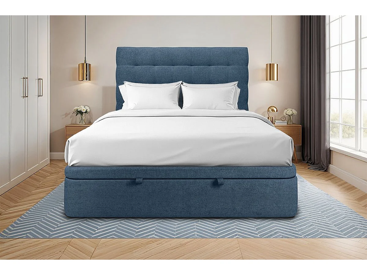 Lit coffre 200x200cm avec tête de lit capitonnée Tissu Bleu - Hauteur totale : 39cm