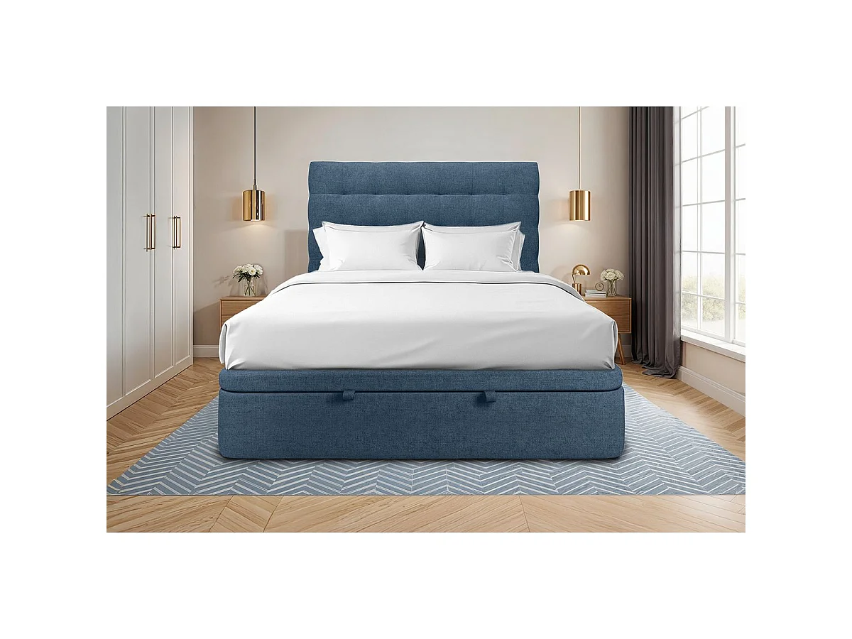 Lit coffre 200x200cm avec tête de lit capitonnée Tissu Bleu - Hauteur totale : 39cm