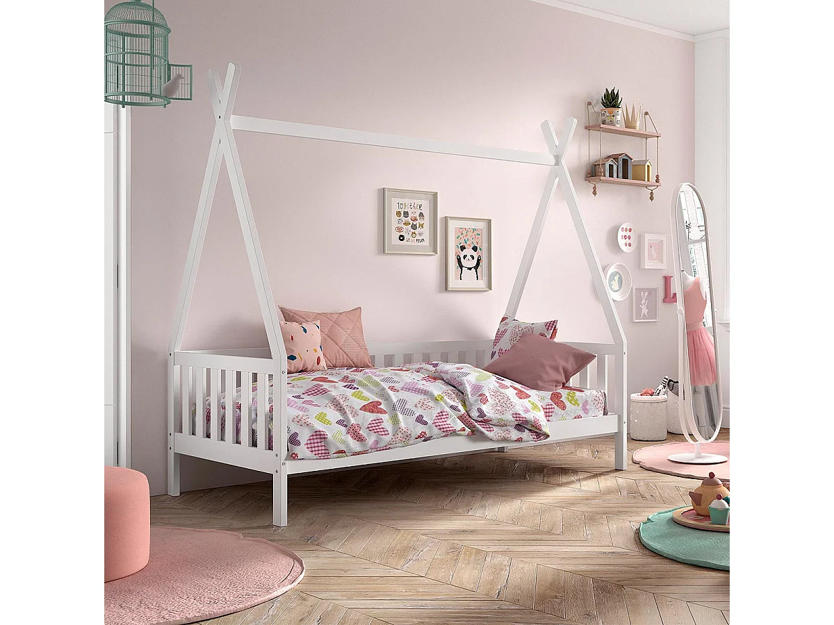 Lit Enfant & Barrière Pin Massif "Tipi" 90x200cm Blanc