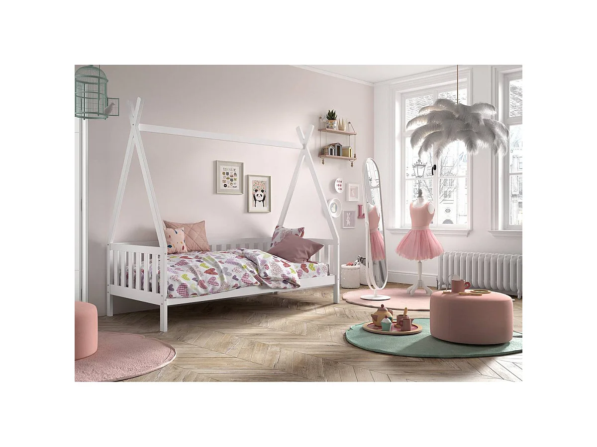 Lit Enfant & Barrière Pin Massif "Tipi" 90x200cm Blanc