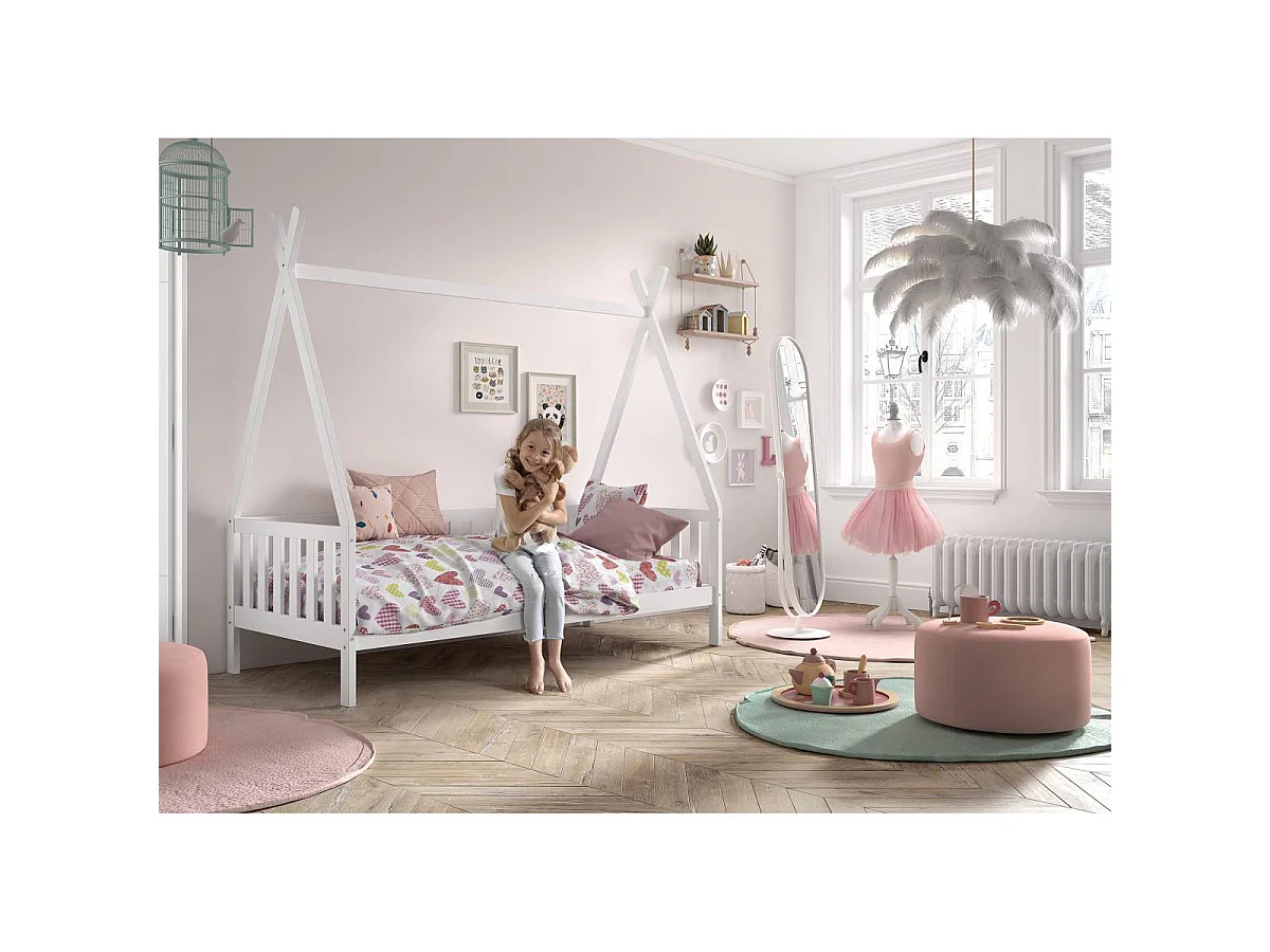 Lit Enfant & Barrière Pin Massif "Tipi" 90x200cm Blanc
