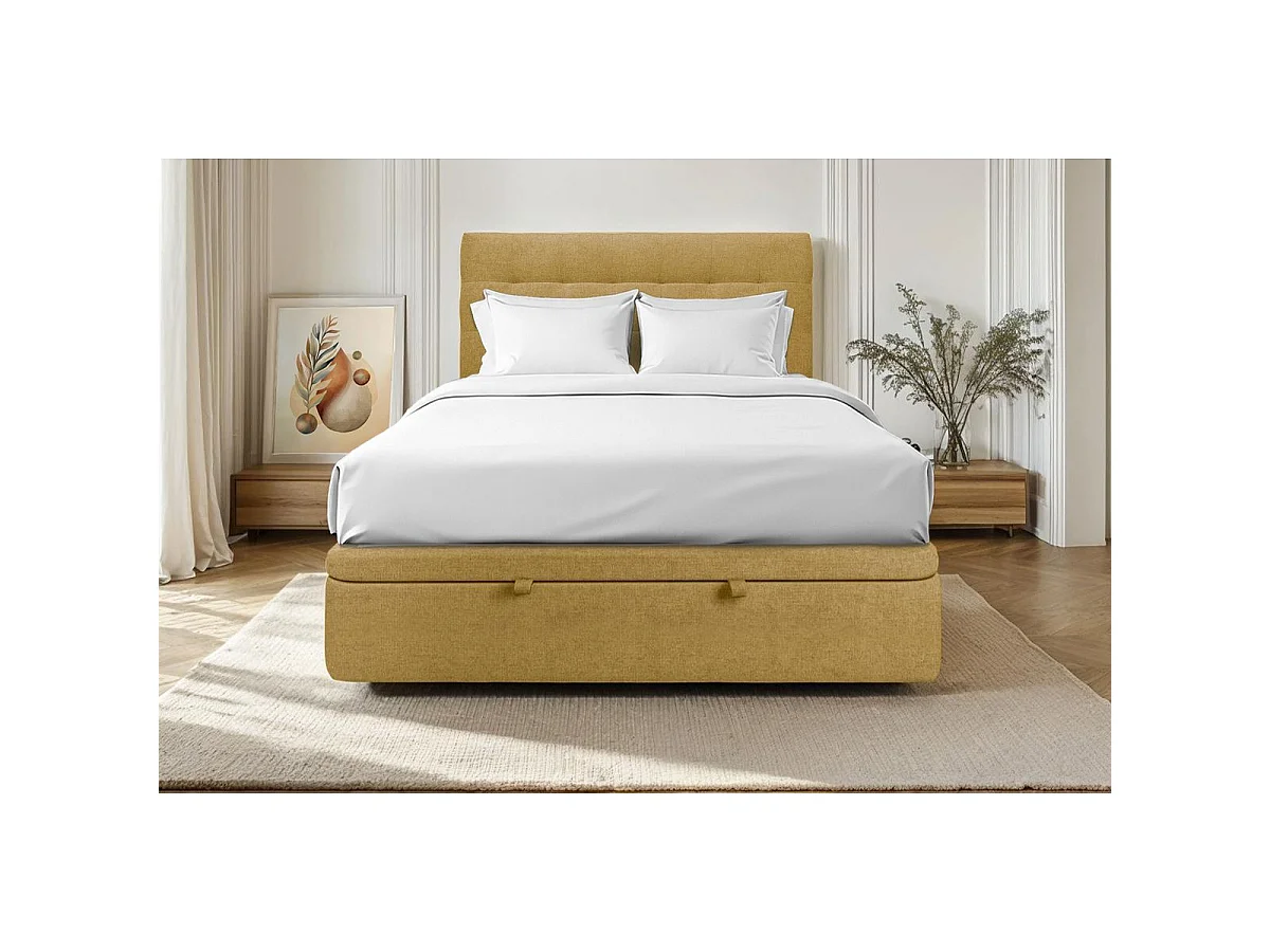 Lit coffre 200x200cm avec tête de lit capitonnée Tissu Jaune - Hauteur totale : 39cm