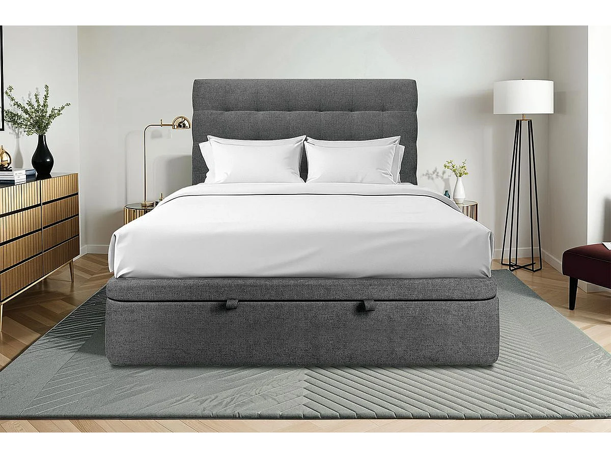 Lit coffre 180x200cm avec tête de lit capitonnée Tissu Gris anthracite - Hauteur totale : 39cm