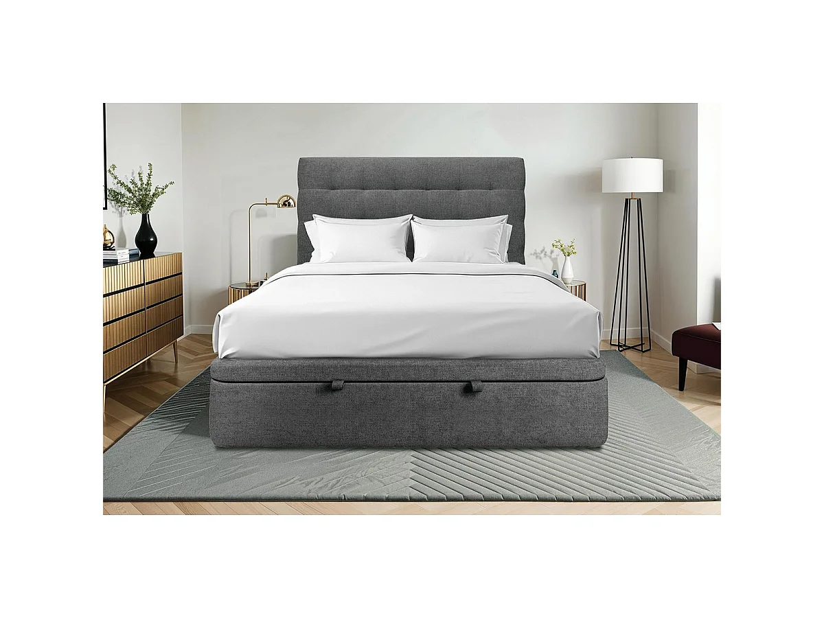 Lit coffre 140x200cm avec tête de lit capitonnée Tissu Gris anthracite - Hauteur totale : 39cm