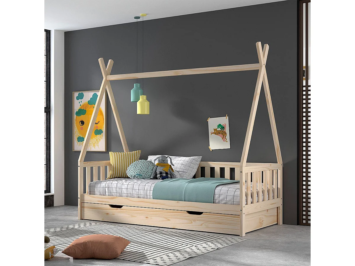 Lit Enfant, Barrière & Tiroir "Tipi" 90x200cm Naturel