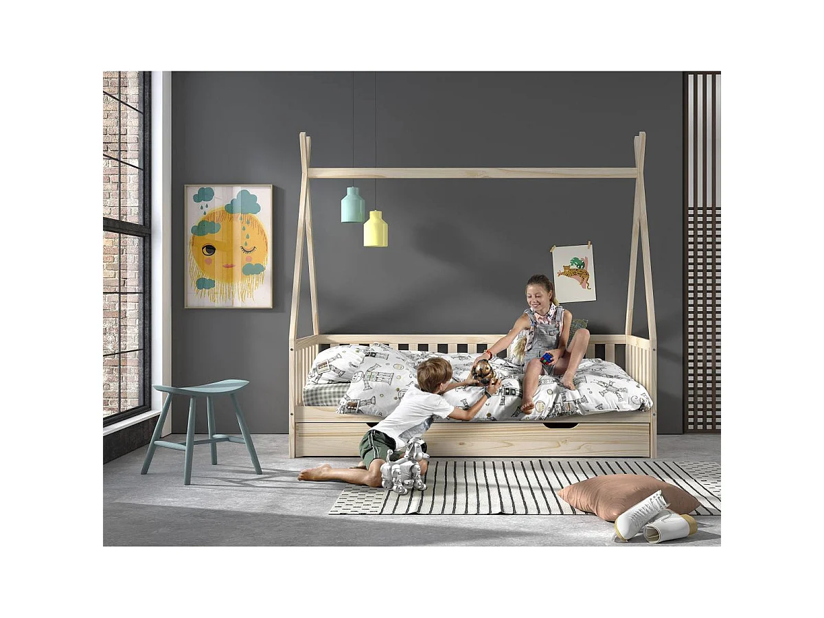 Lit Enfant, Barrière & Tiroir "Tipi" 90x200cm Naturel