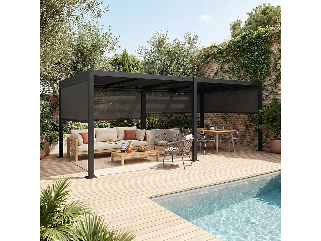 Pergola bioclimatique aluminium et acier 3x6m lames orientables + 4 stores 3m PALACE noir