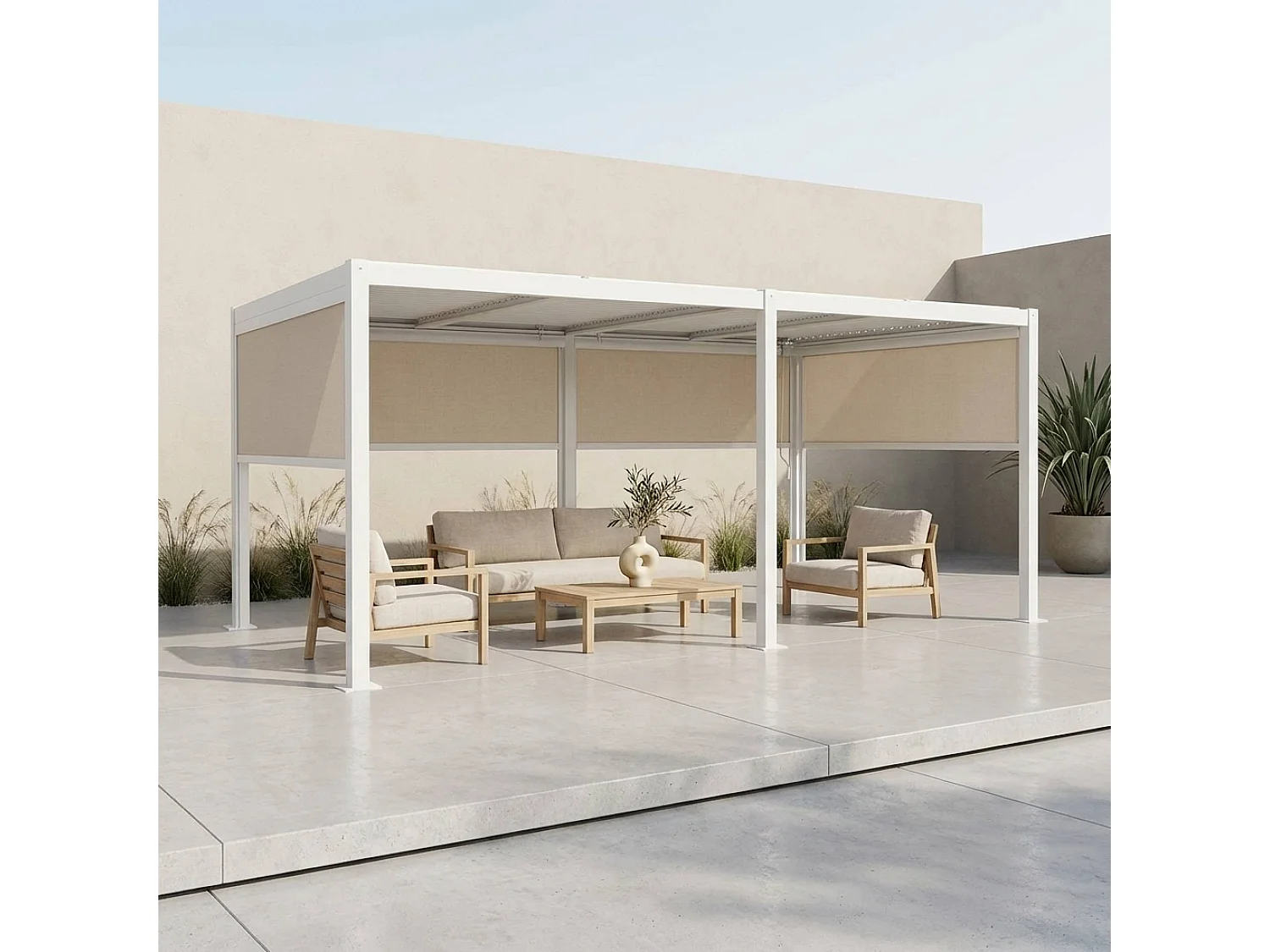 Pergola bioclimatica 3x6m in alluminio e acciaio + 4 tende 3m, bianco