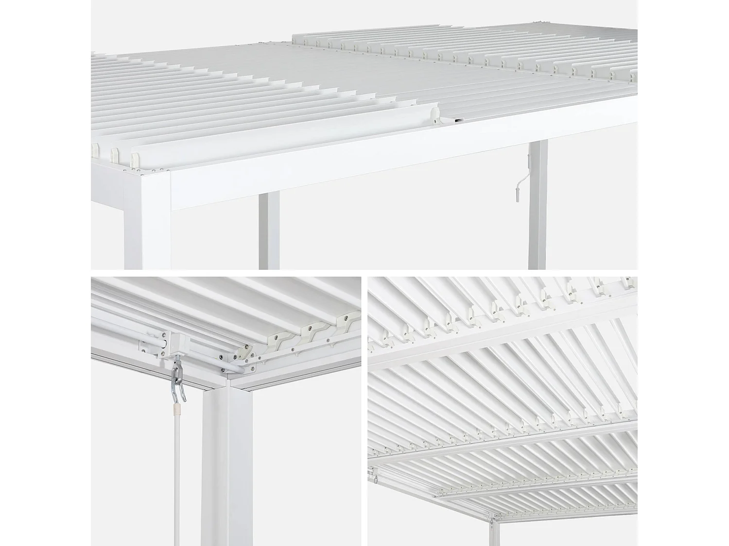 Pergola bioclimatica 3x6m in alluminio e acciaio + 4 tende 3m, bianco