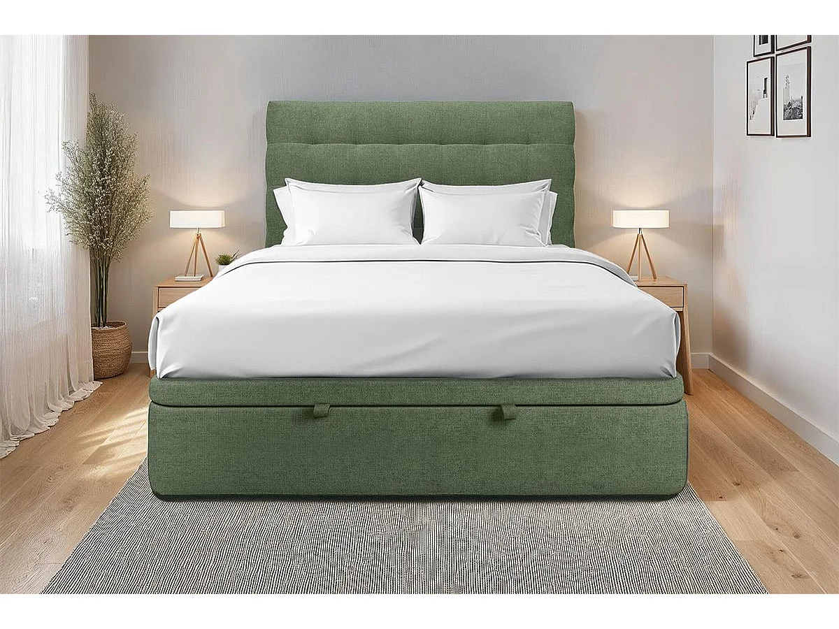 Lit coffre 140x200cm avec tête de lit capitonnée Tissu Vert - Hauteur totale : 39cm
