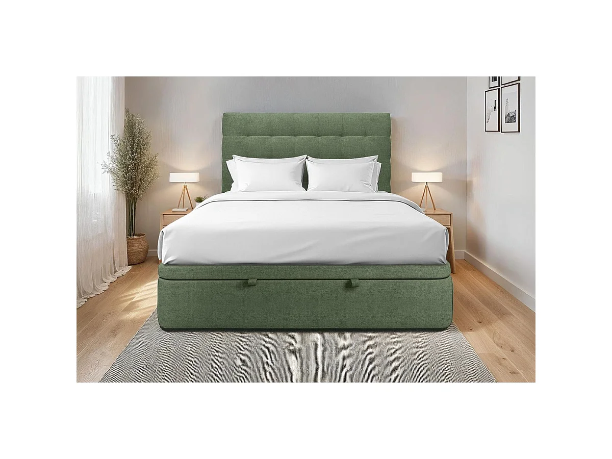 Lit coffre 140x200cm avec tête de lit capitonnée Tissu Vert - Hauteur totale : 39cm