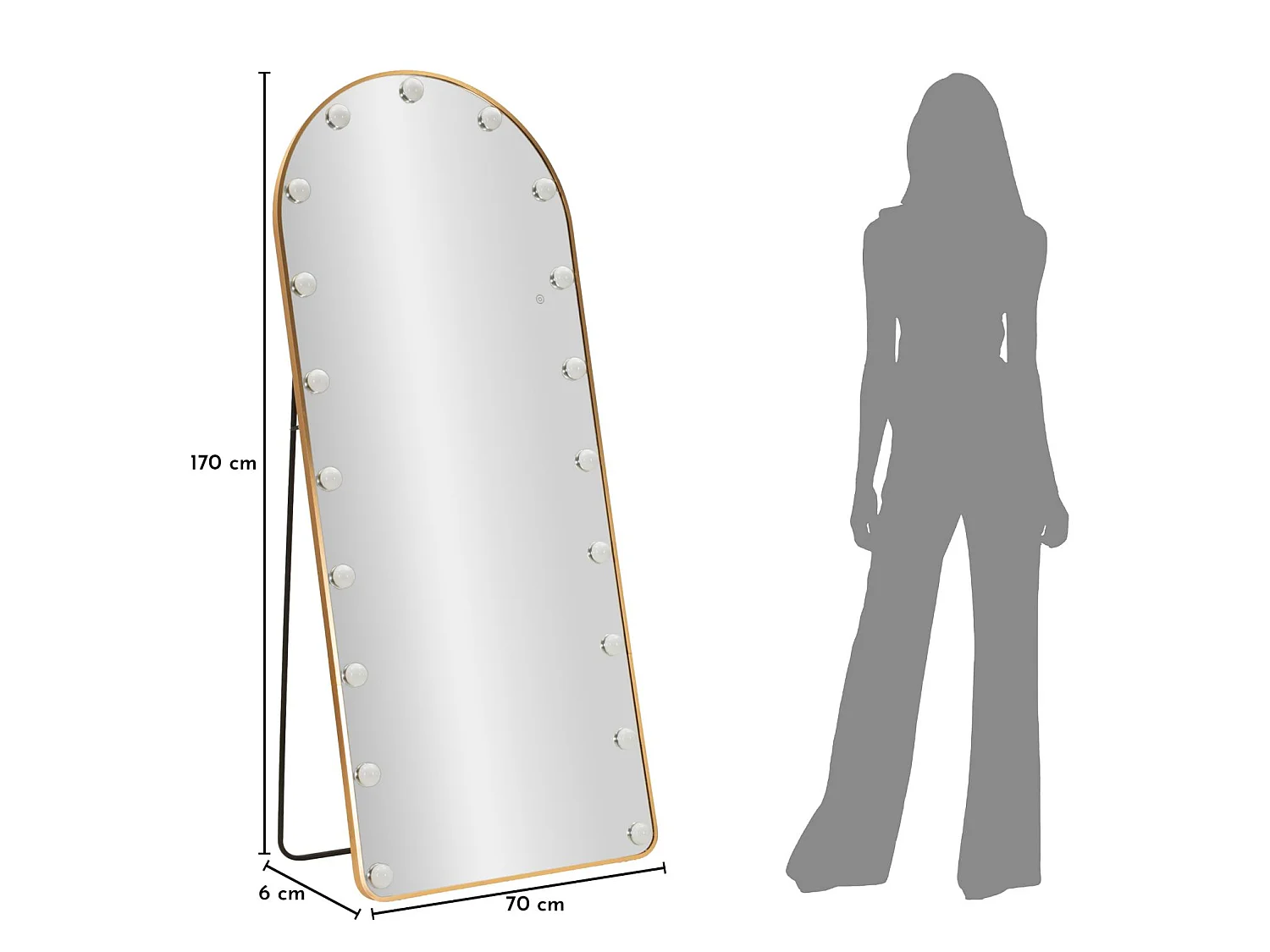 Hollywood staande spiegel met LED-verlichting, 70x45x170 cm