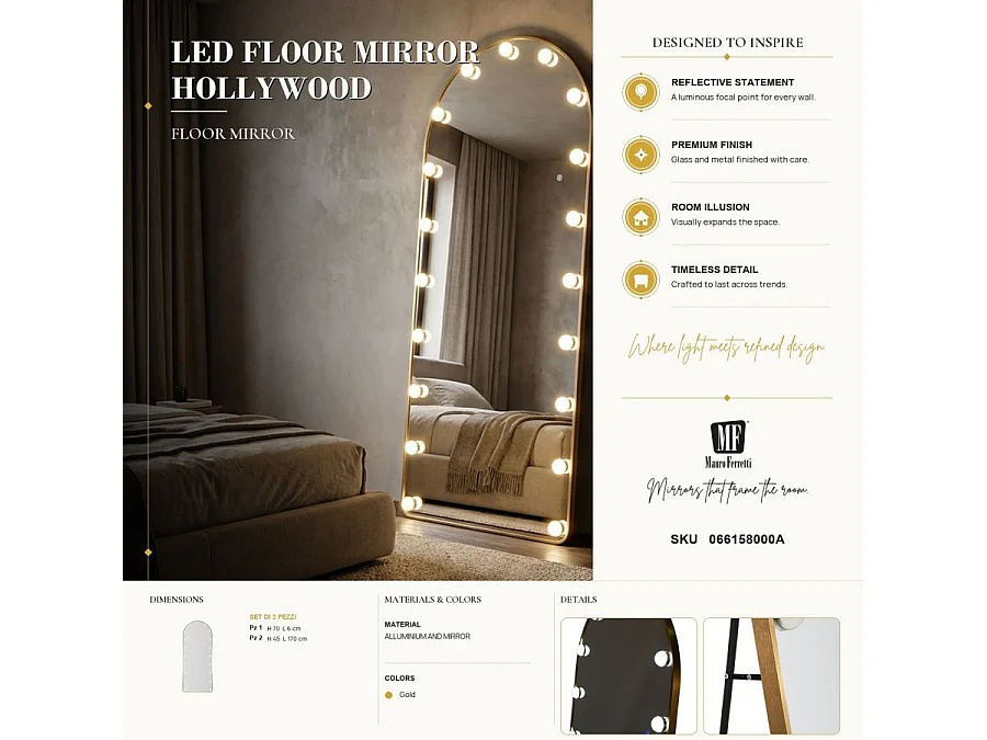 Hollywood staande spiegel met LED-verlichting, 70x45x170 cm