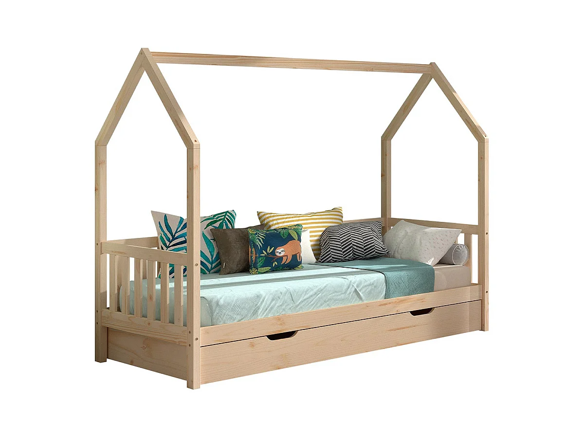 Pack - Lit Enfant & Tiroir-Lit "Cabane" 90x200cm Naturel