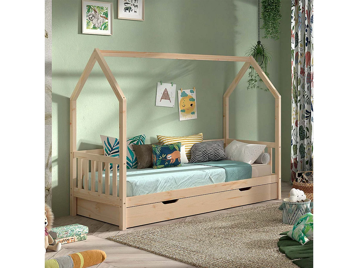 Pack - Lit Enfant & Tiroir-Lit "Cabane" 90x200cm Naturel