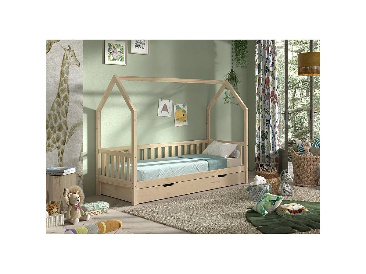 Pack - Lit Enfant & Tiroir-Lit "Cabane" 90x200cm Naturel