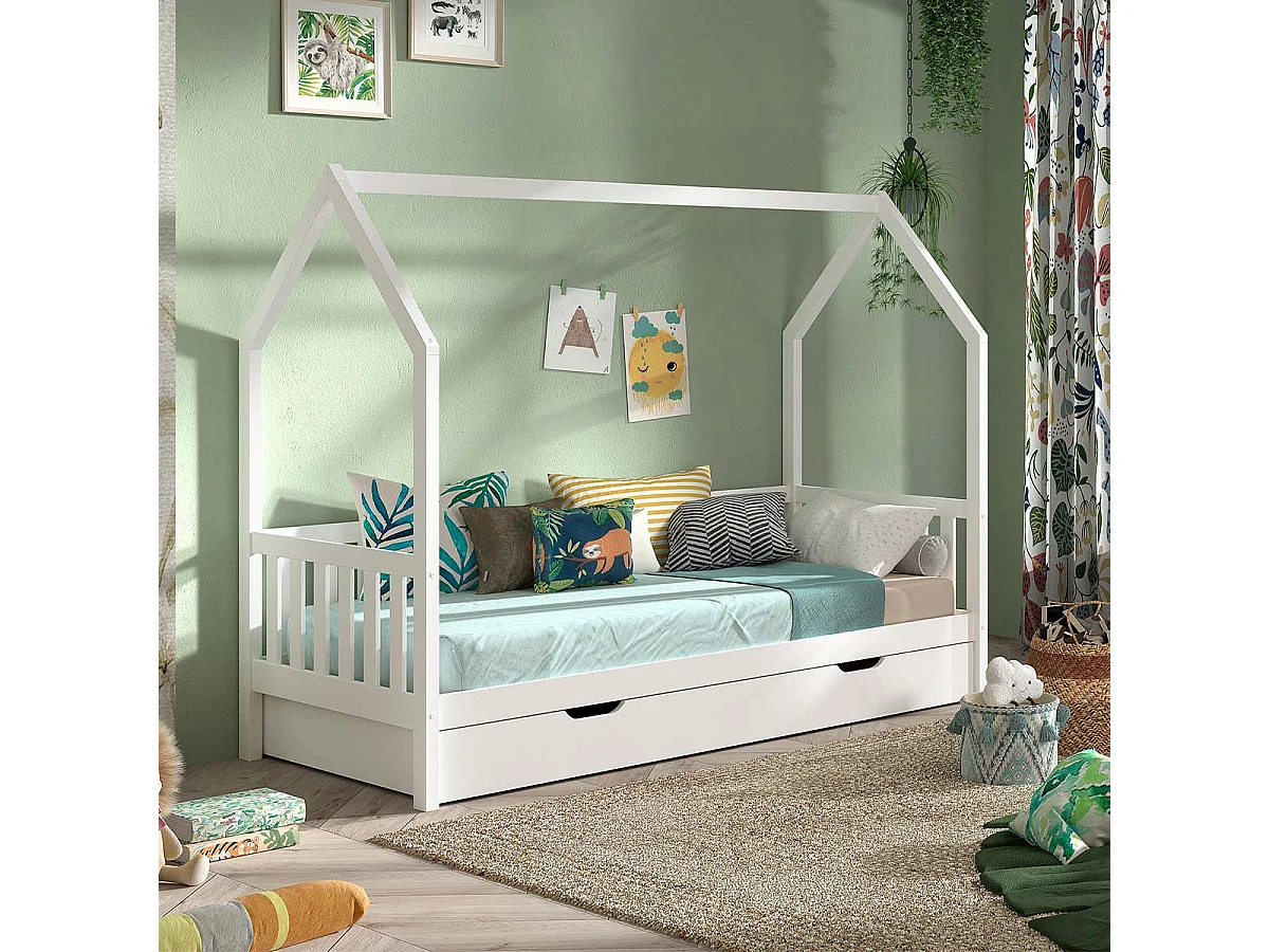 Pack - Lit Enfant & Tiroir-Lit "Cabane" 90x200cm Blanc
