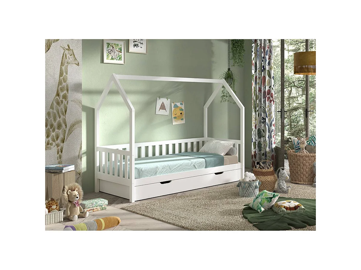 Pack - Lit Enfant & Tiroir-Lit "Cabane" 90x200cm Blanc