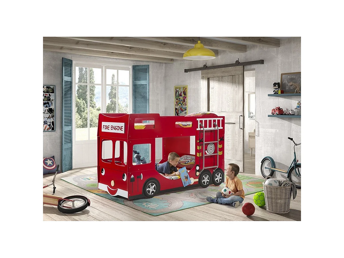 Pack - Lit Superposé Enfant & 2 Matelas "Pompier" Rouge