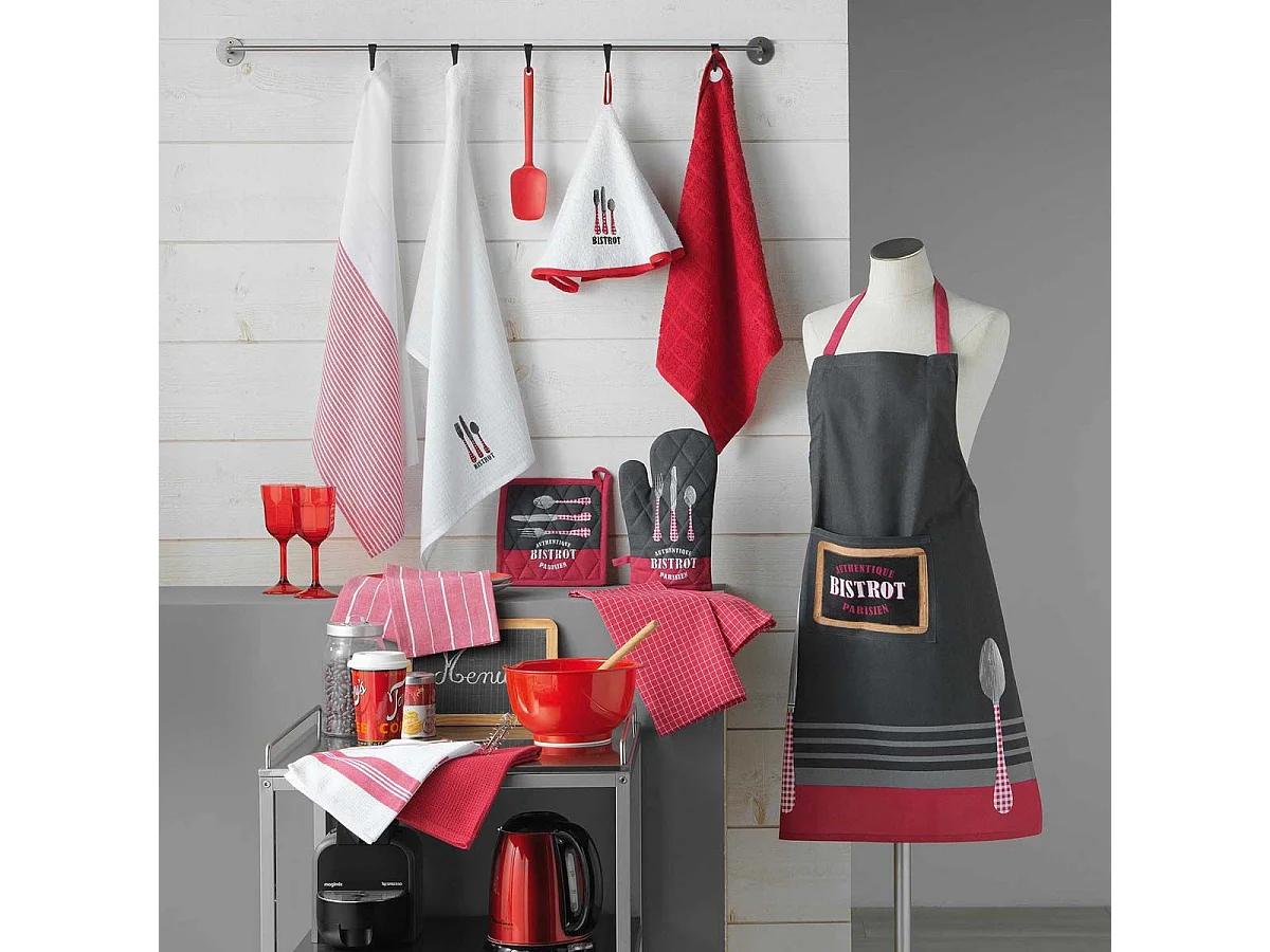 Lot de 2 Torchons Nid d'Abeille "Au Bistrot" 50x70cm Rouge