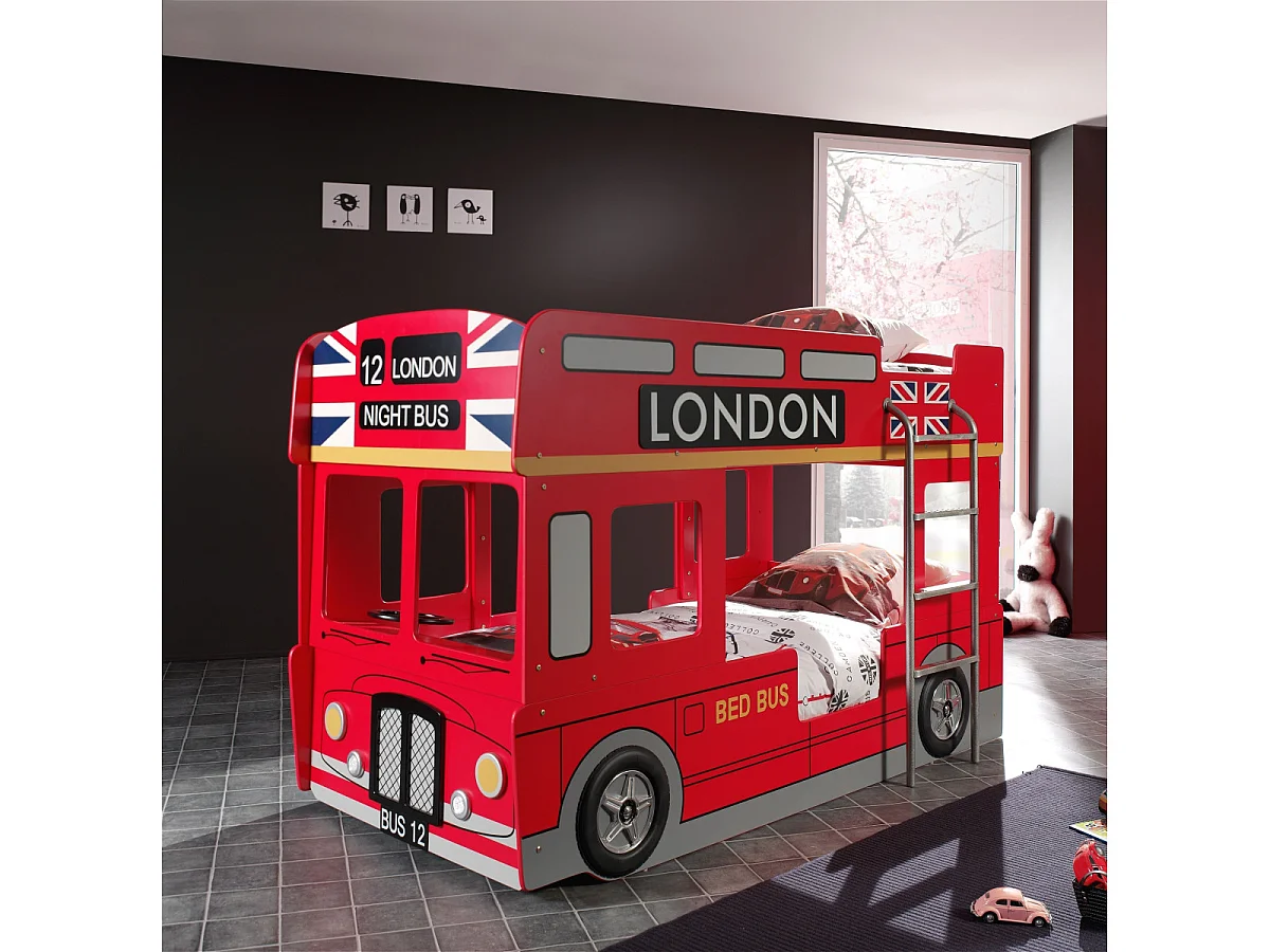 Pack - Lit Superposé Enfant & 2 Matelas "Londres" 90x200cm Rouge
