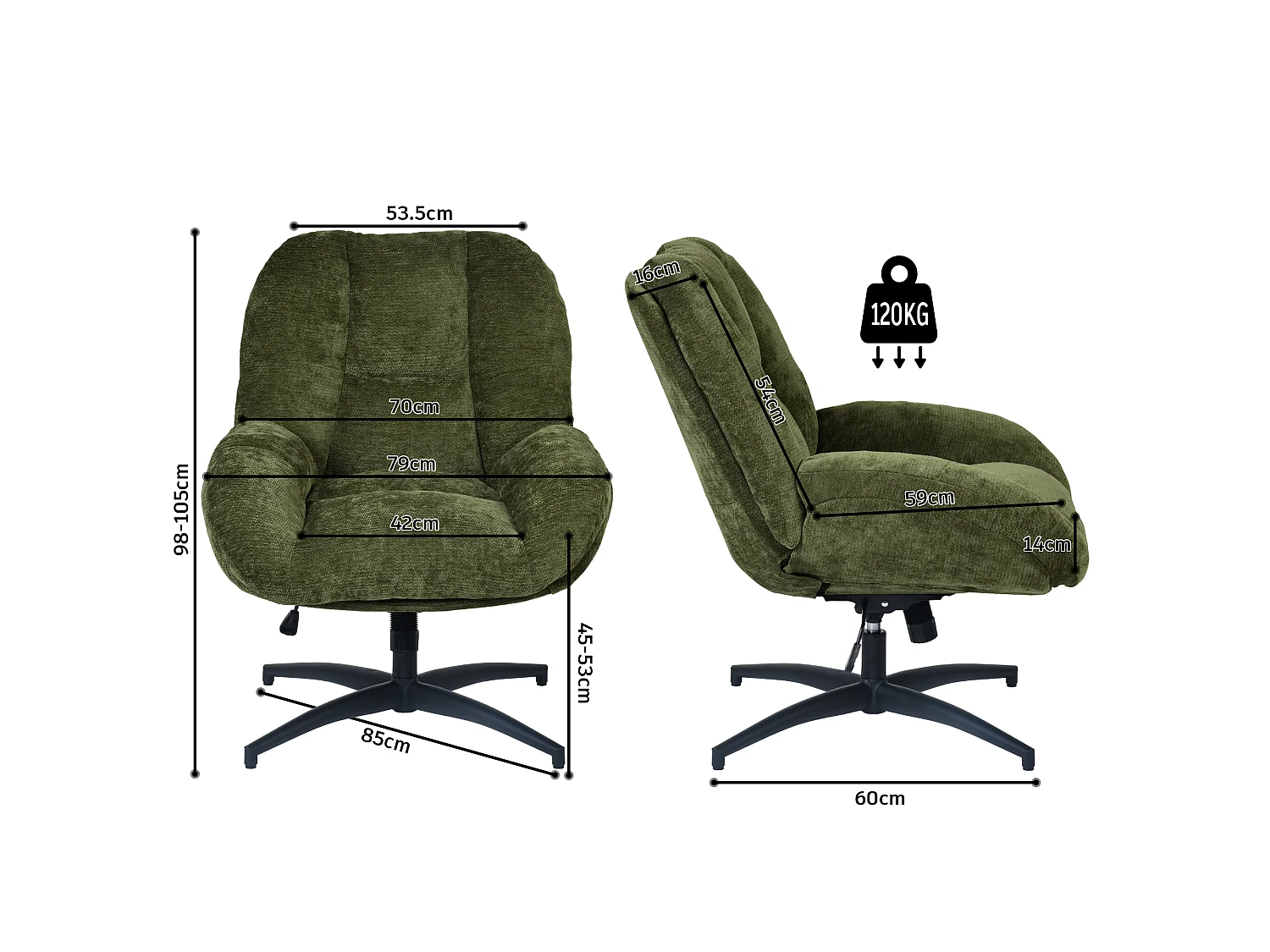 MEUBLES COSY LITHOPSFIX Fauteuil relax rotatif réglable en tissu chenille vert