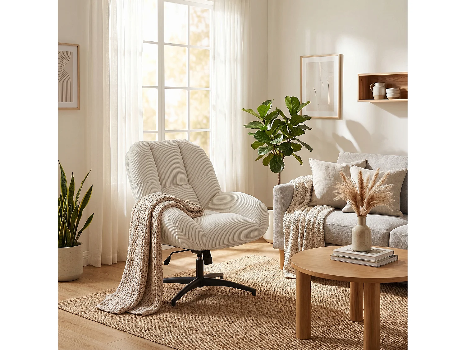 MEUBLES COSY LITHOPSFIXCORD Fauteuil relax rotatif réglable en velours côtelé beige