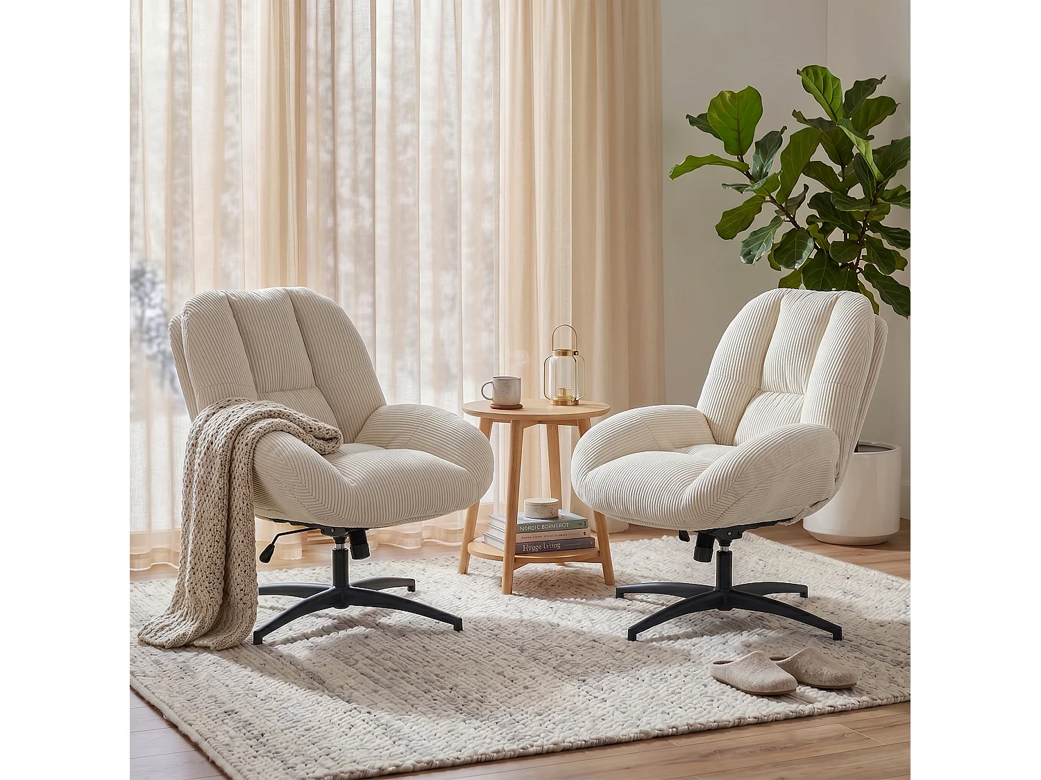 MEUBLES COSY LITHOPSFIXCORD Fauteuil relax rotatif réglable en velours côtelé beige