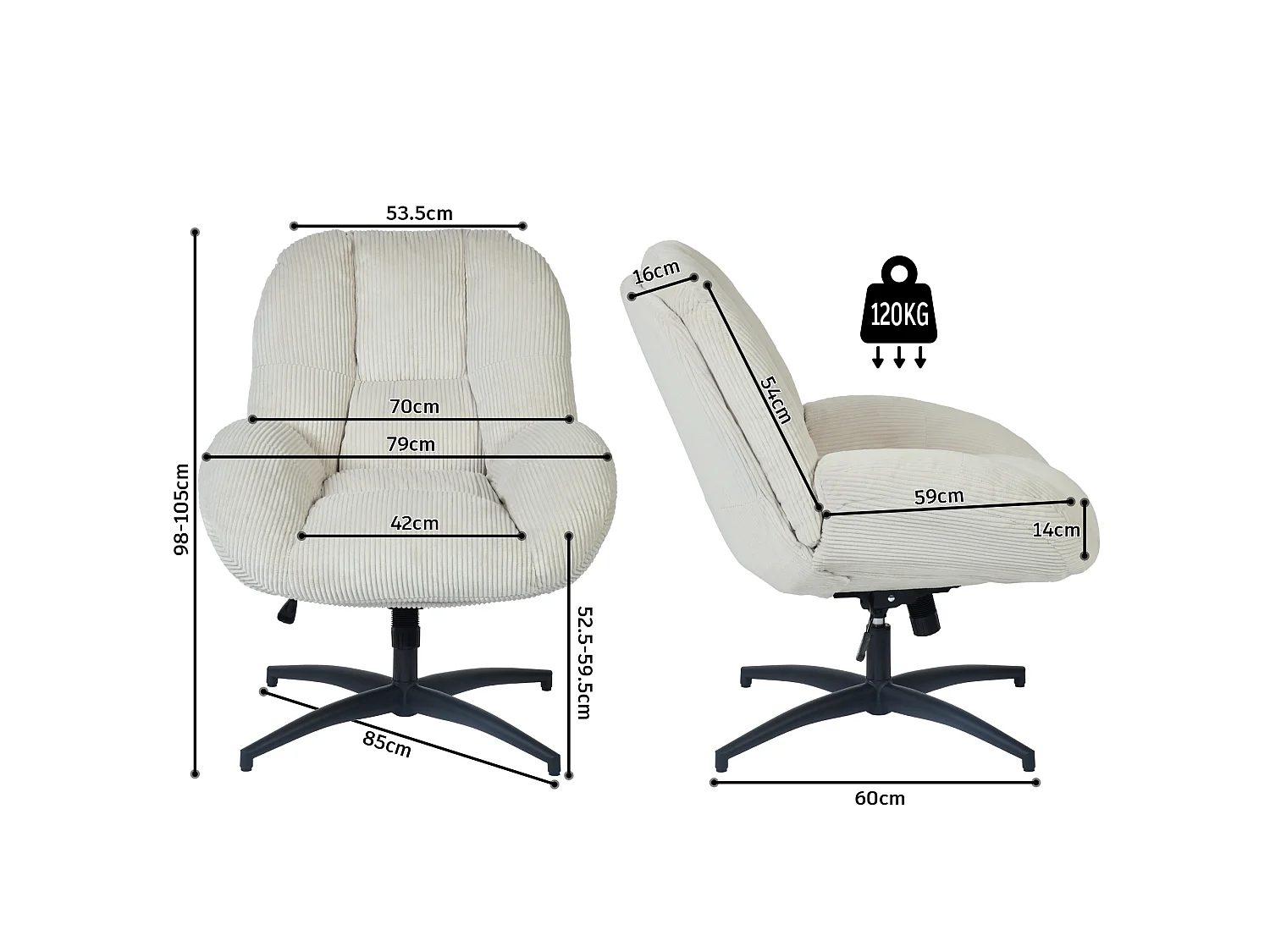 MEUBLES COSY LITHOPSFIXCORD Fauteuil relax rotatif réglable en velours côtelé beige
