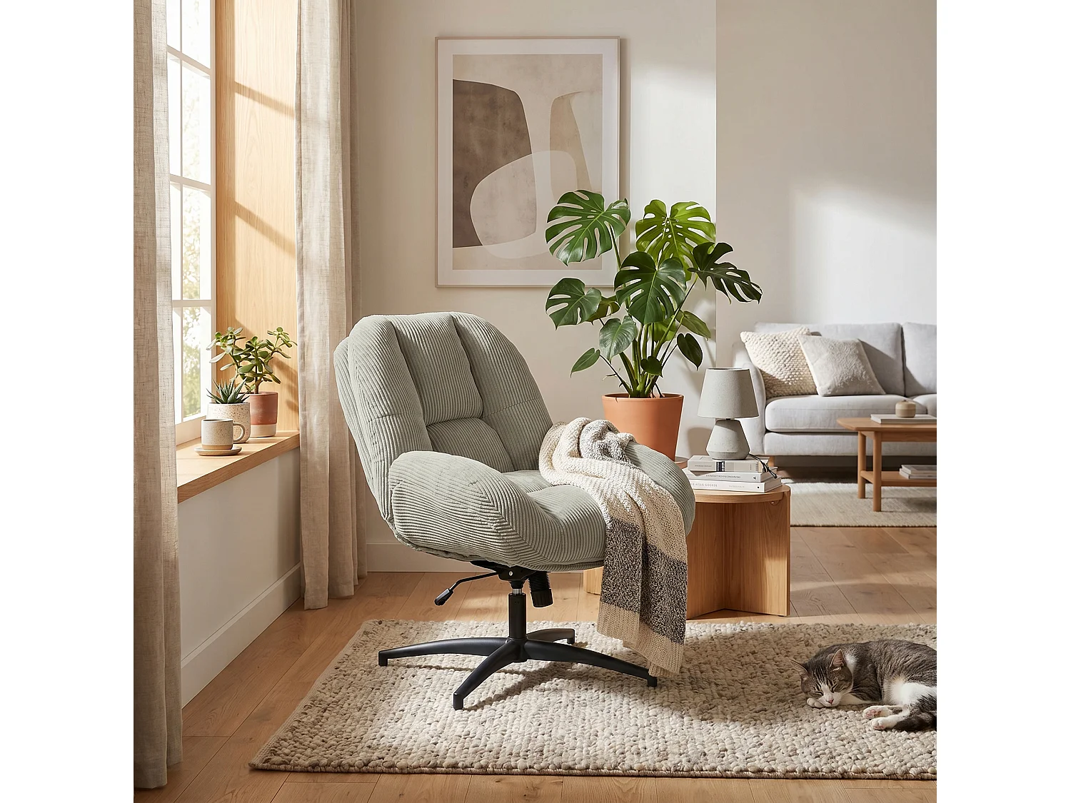 MEUBLES COSY LITHOPSFIXCORD Fauteuil relax rotatif réglable en velours côtelé gris