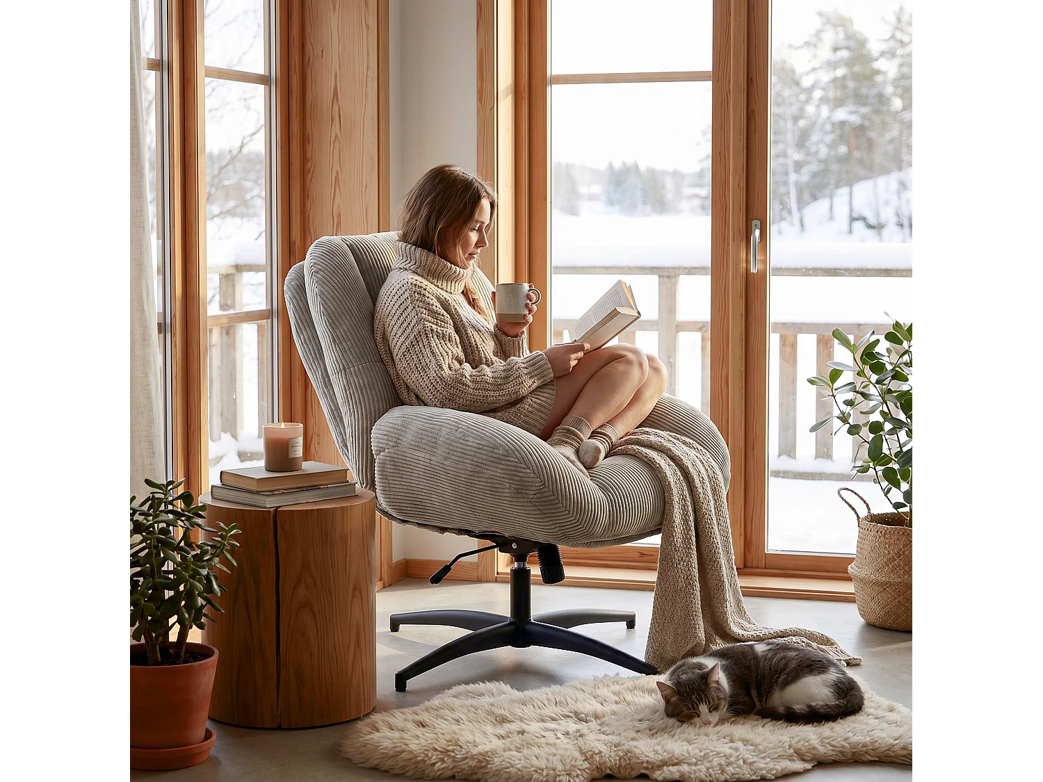 MEUBLES COSY LITHOPSFIXCORD Fauteuil relax rotatif réglable en velours côtelé gris