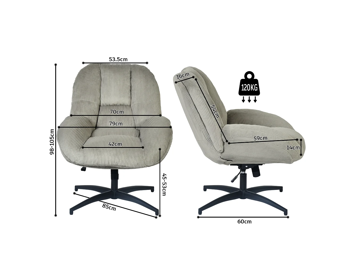 MEUBLES COSY LITHOPSFIXCORD Fauteuil relax rotatif réglable en velours côtelé gris