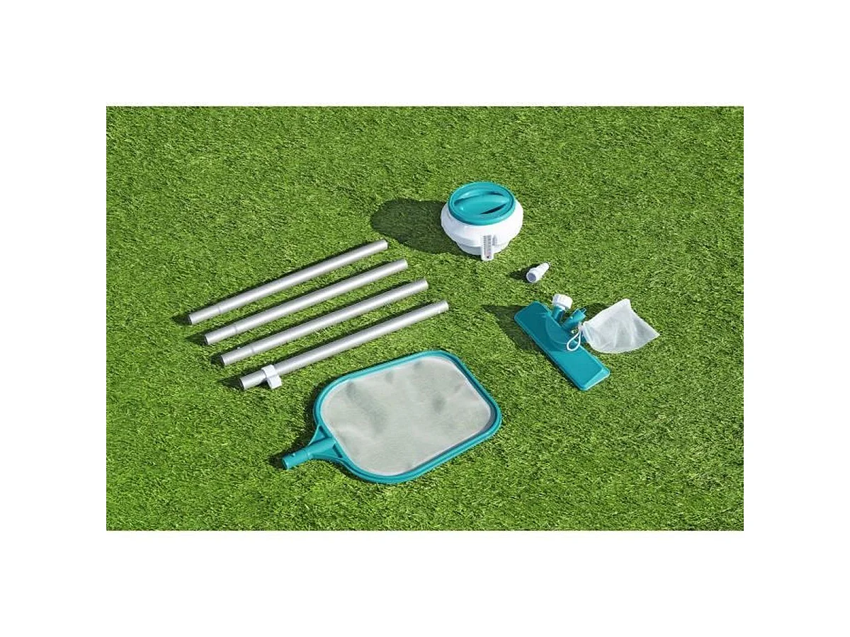 Bestway AquaClear Zwembadreinigingsset met stofzuiger, schepnet, chemische dispenser, teststrips en reparatiepatches