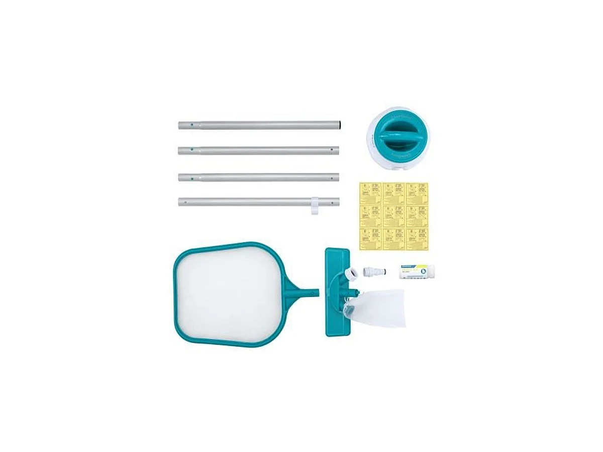 Bestway AquaClear Zwembadreinigingsset met stofzuiger, schepnet, chemische dispenser, teststrips en reparatiepatches