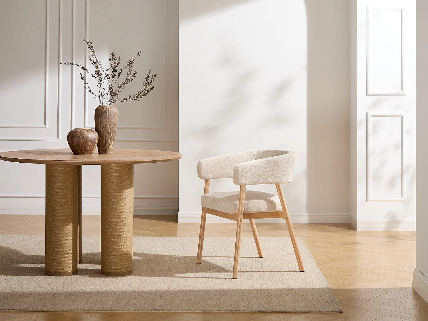 Lot de 6 chaises en tissu et bois d'hévéa - Beige - JORAKA