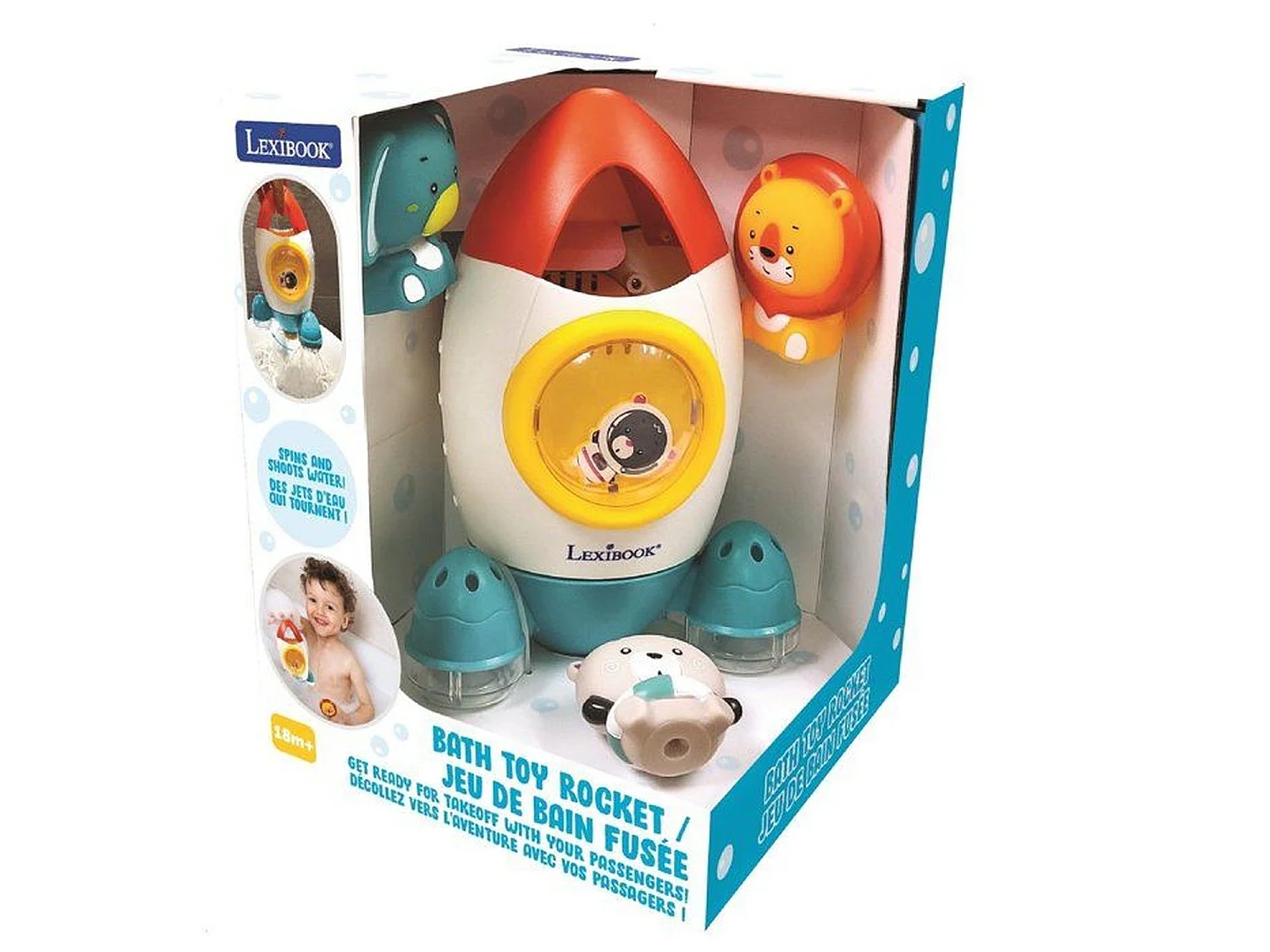 Jeu de bain fusée avec 3 animaux souples pour enfants de 18 mois et plus - jets d'eau tournants